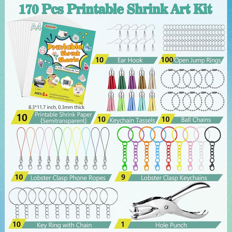 Esmorah 170 Pcs Printable Shrink Dink Sheets Kit, 10 Pcs A4 Semitransparent Plastic Shrink Dink Papers for Back-to-School, Valentine’s Day, Easter Ornaments & Gifts, Adults & Kids DIY Keychain Making Crafts - Image 2